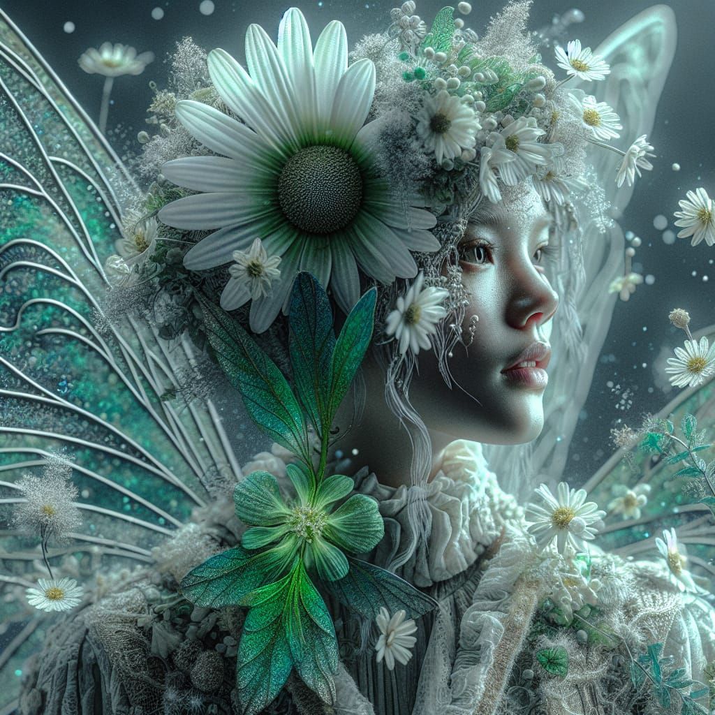 Hyperrealistic Fairy with Daisy Petal Attire and Green Wings