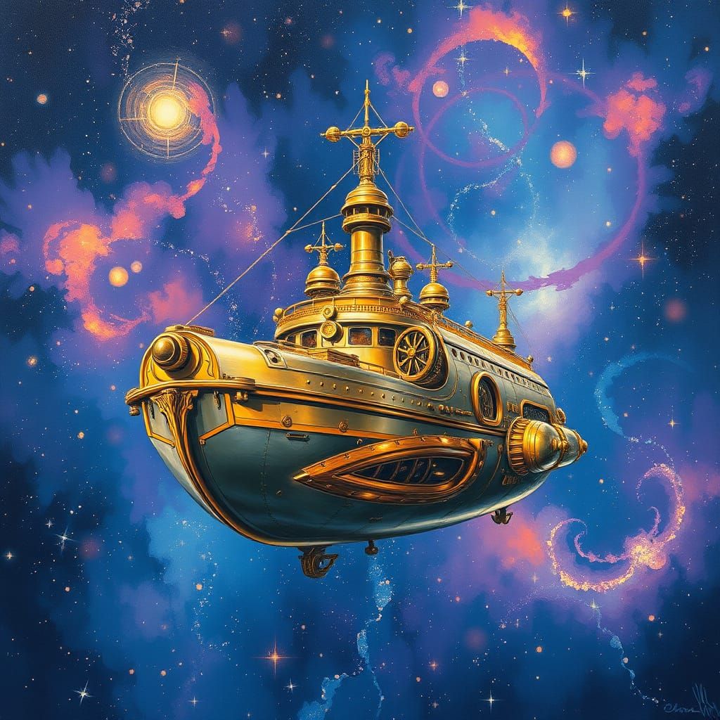 Ethereal Steampunk Interstellar Ark in Vibrant Acrylic Paint...