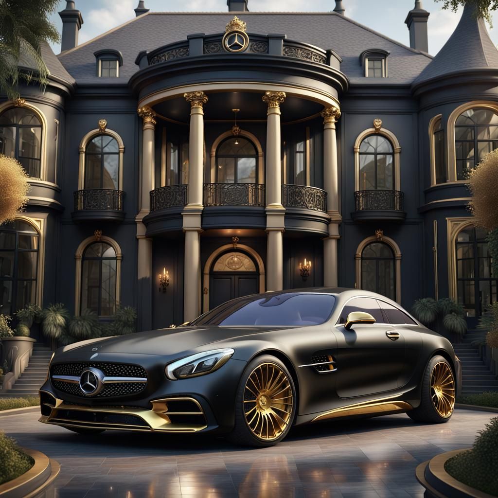 Luxury Mansion with Gold Mercedes in Detailed Painting