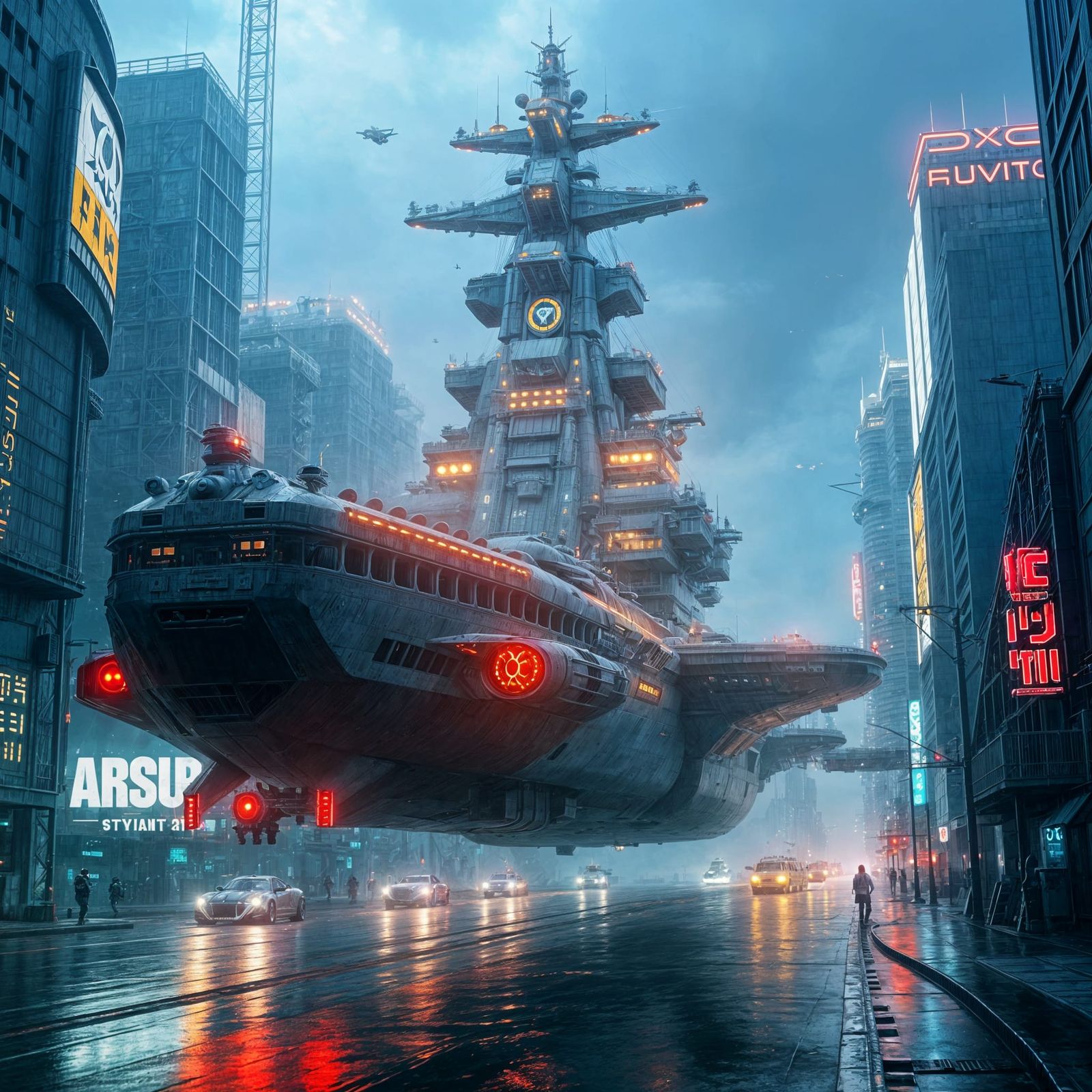 Gargantuan Flying Airship Meets Aircraft Carrier in Cyberpun...