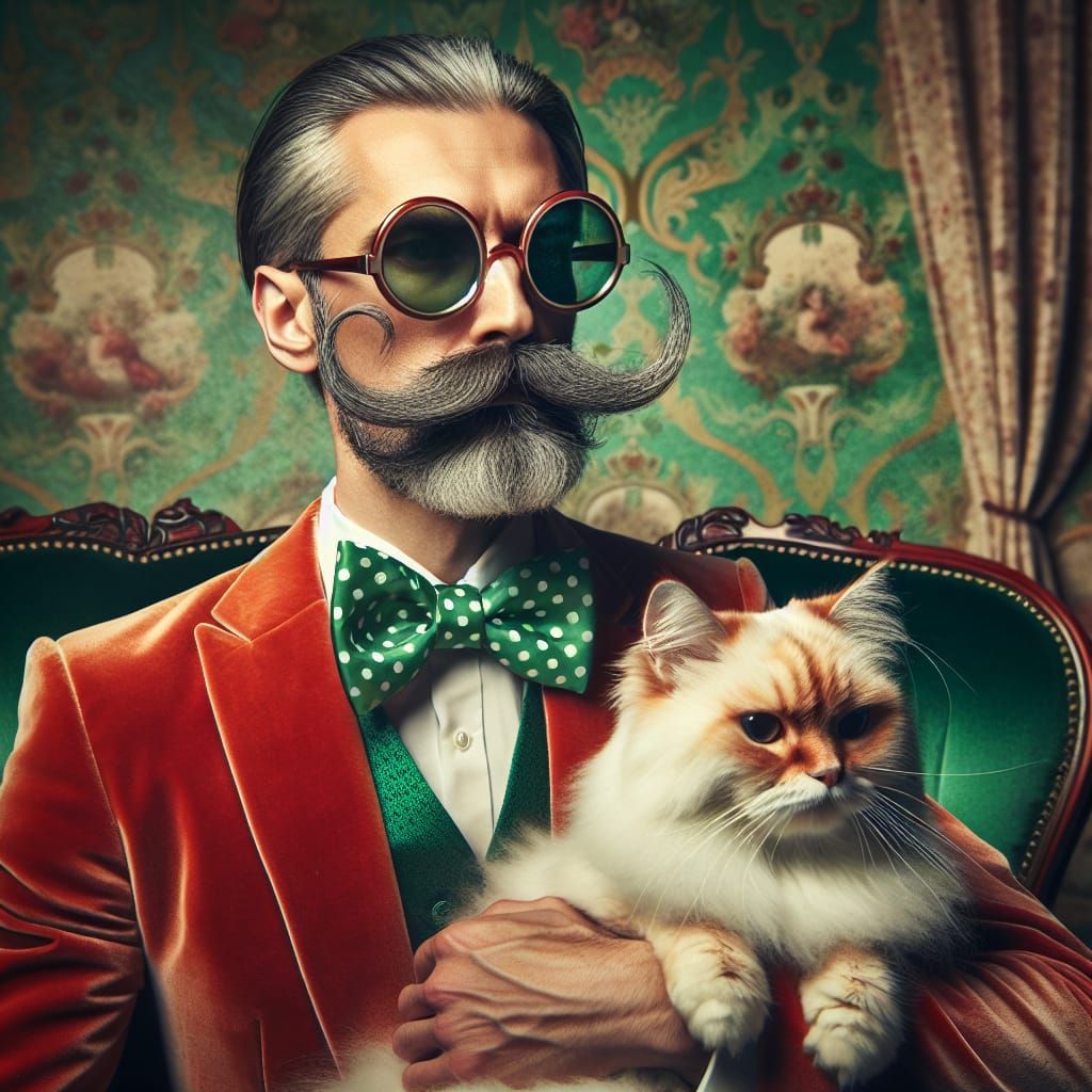 Elegant Gentleman with Velvet Suit and Elegant Cat