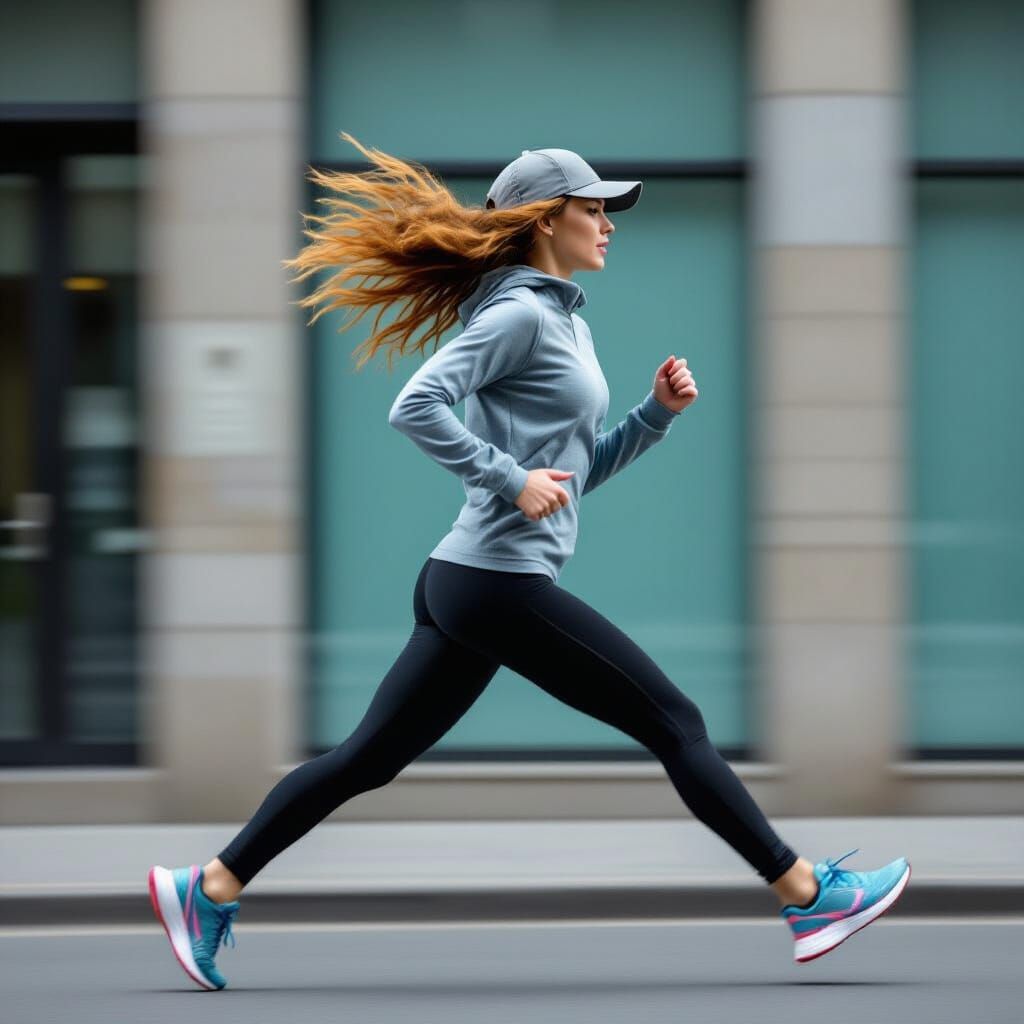 Woman Running in Motion Blur with Red Hair and Sporty Hat
