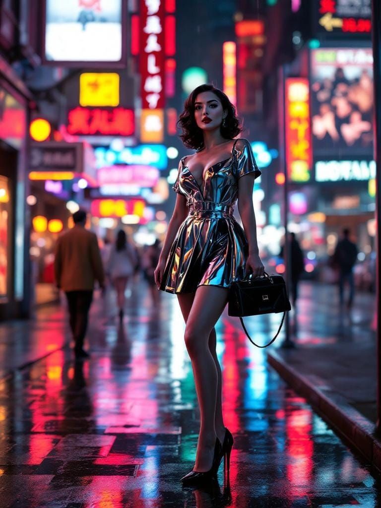 Chrome Pin-Up in Neon City, Sorayama and Hockney Style