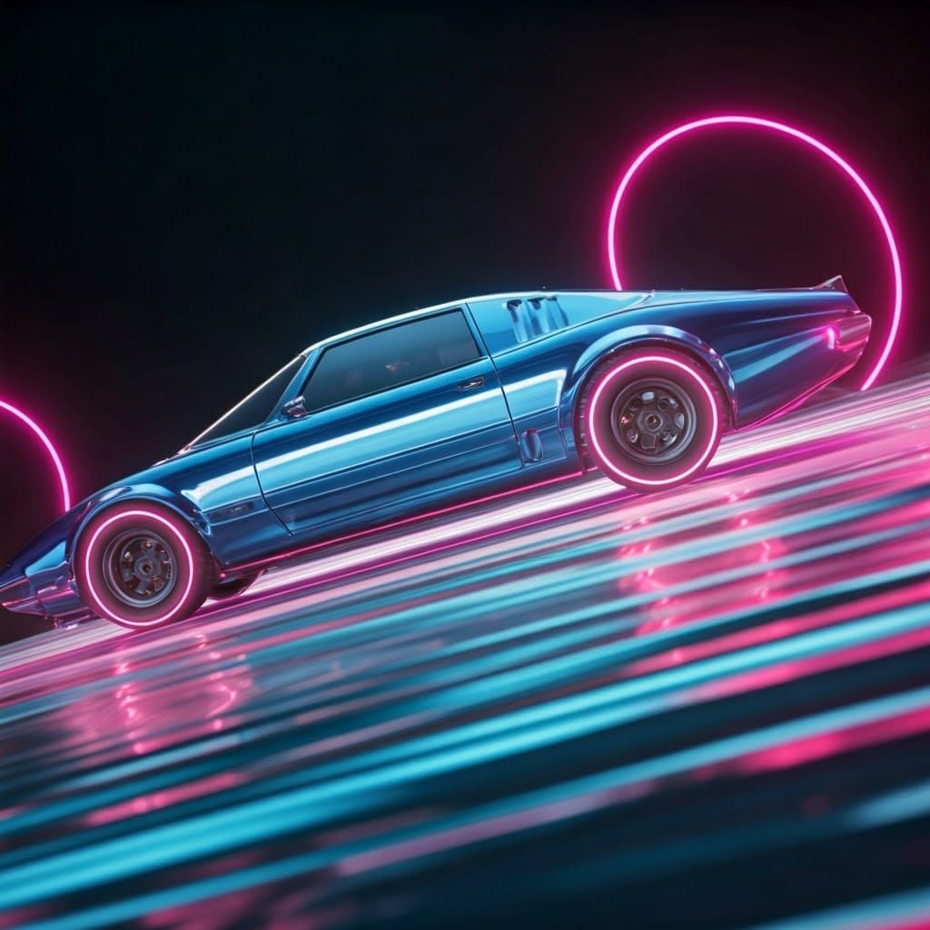 Retro-Futuristic Car on Rainbow Road in Neon Lights
