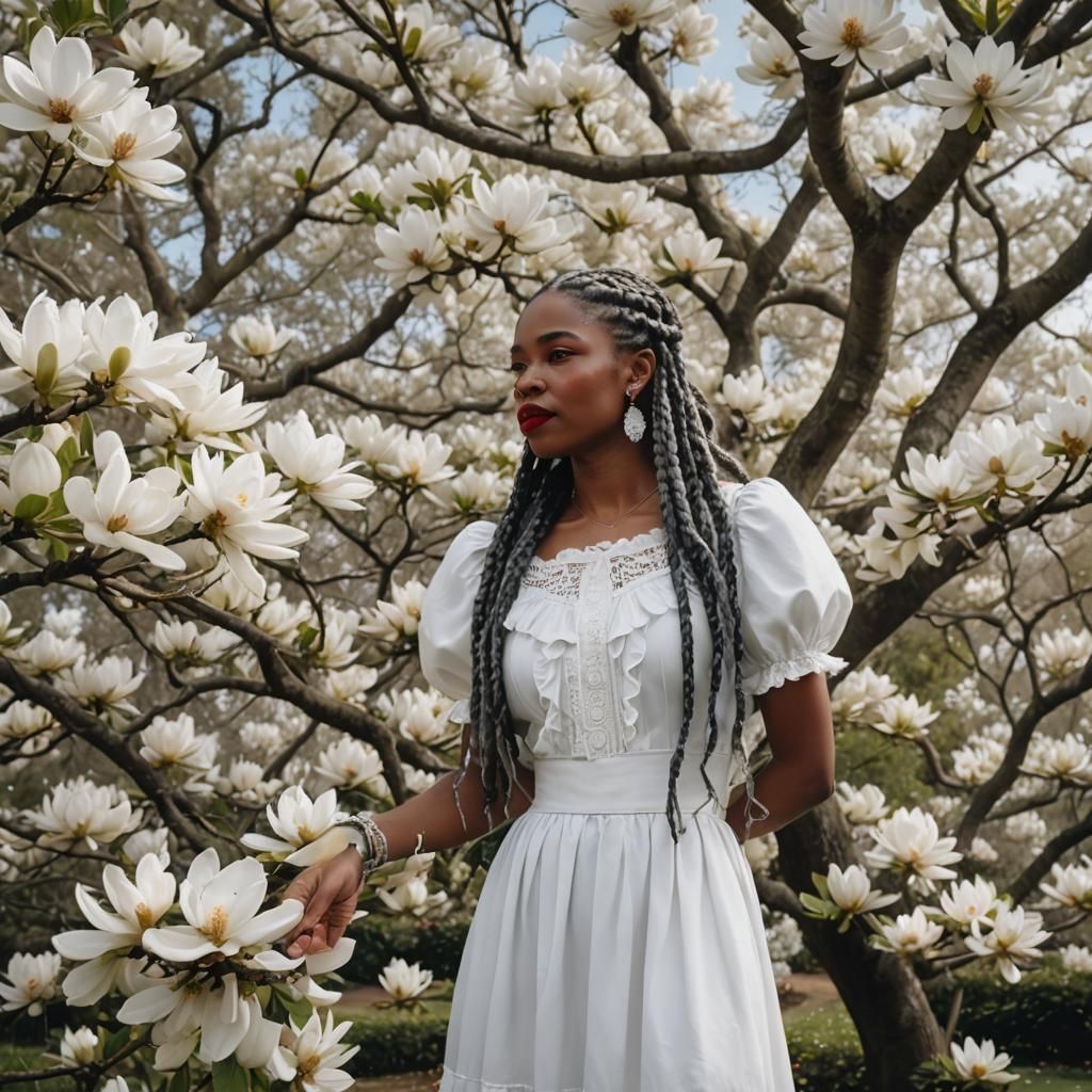 Woman with Braids Under Magnolia Tree: A Digital Portrait
