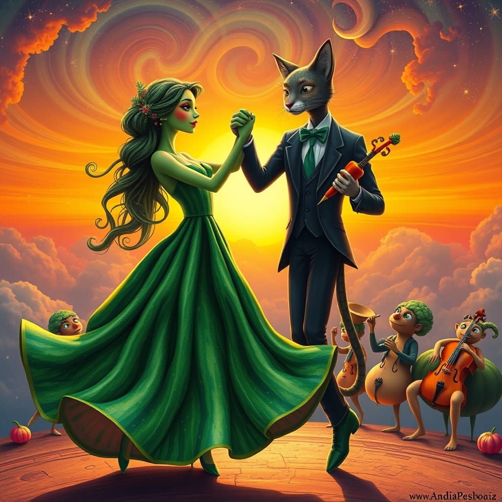 Whimsical Watermelon Woman Dances with Feline Suitor in Cosm...