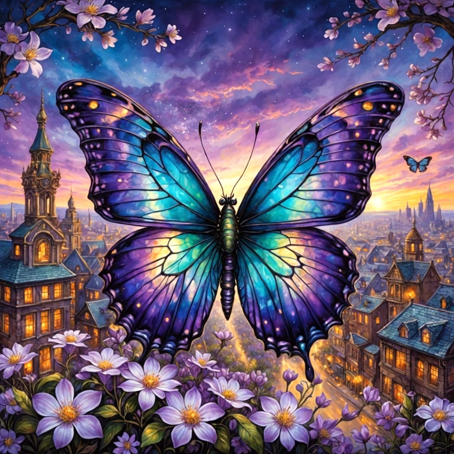 Steampunk Butterfly with Blossoms and Cityscape