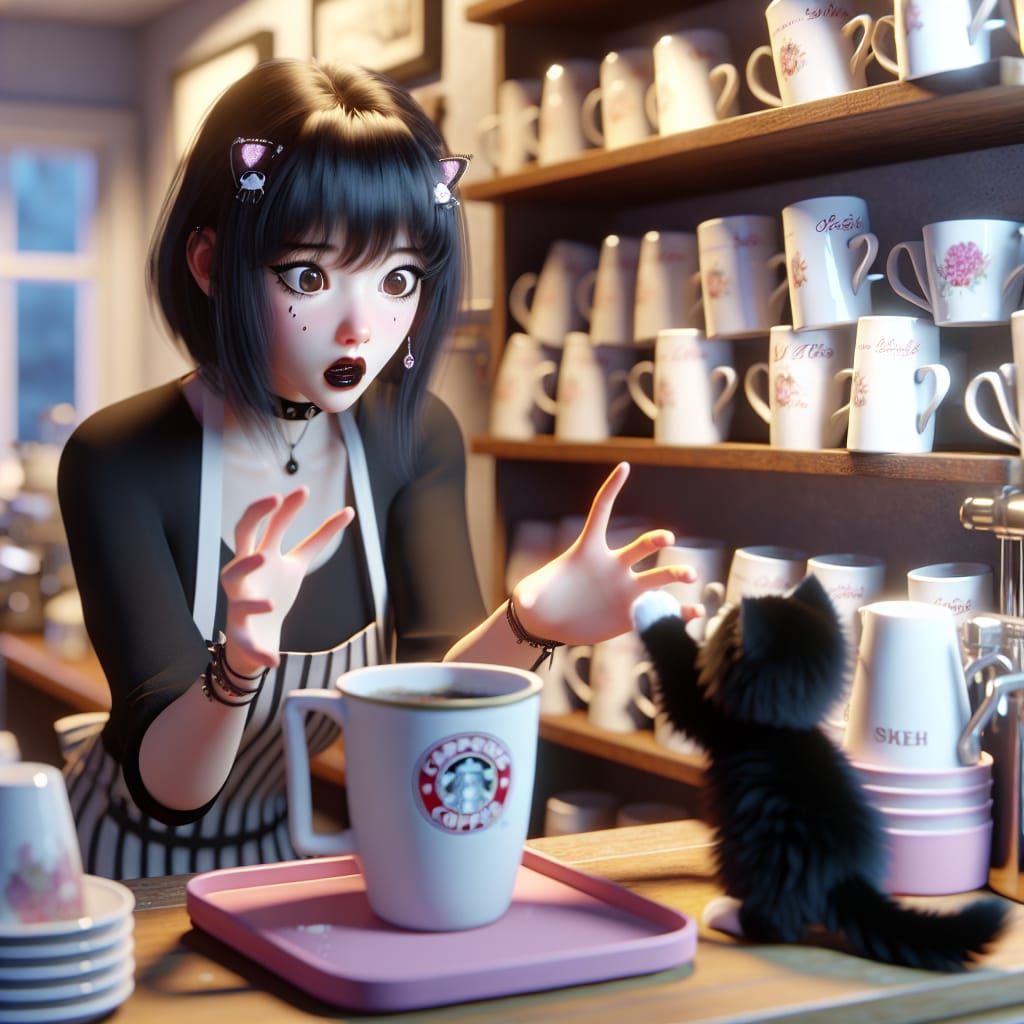Startled Goth Barista and Kitten in Coffee Shop