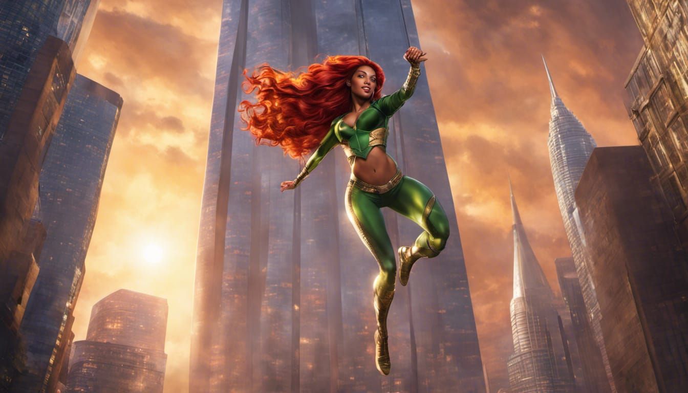 Starfire Flies Above Futuristic Metropolis