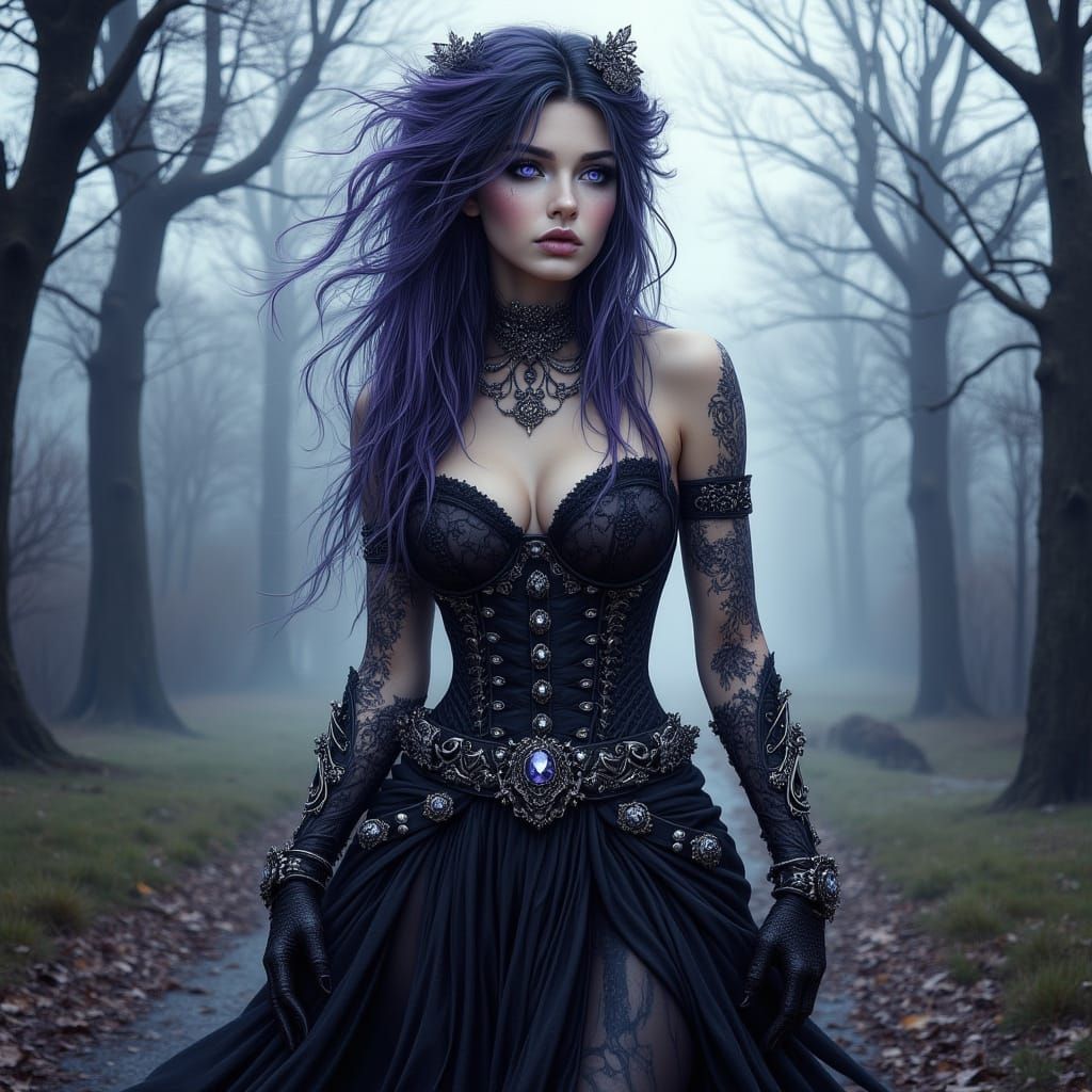 Ethereal Goth Goddess Strolls Through a Misty Cloudscape