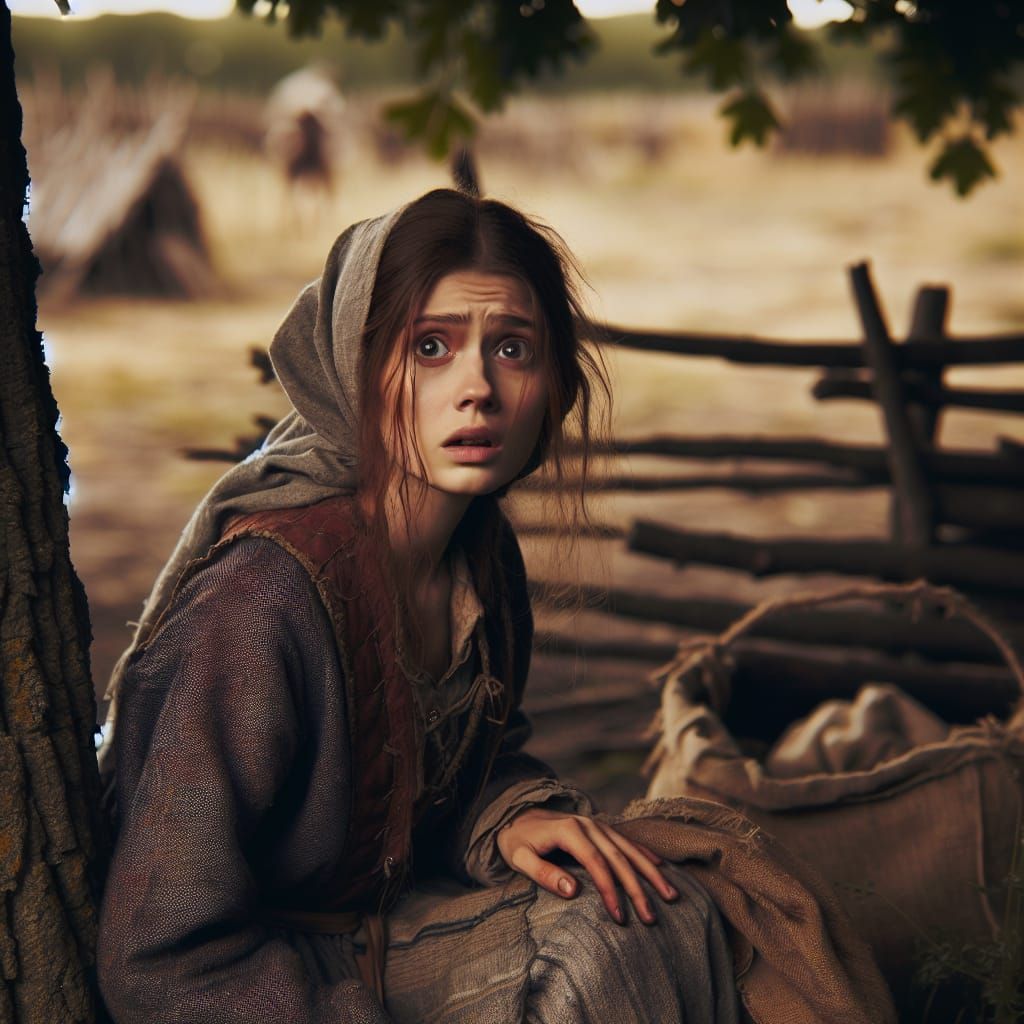 Frightened Peasant Woman in Medieval Landscape