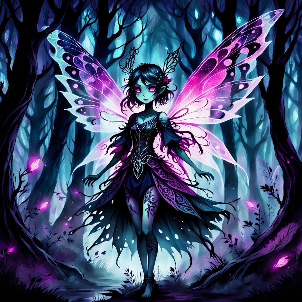 Ethereal Fairy in Dark Anime Forest: Zentangle Wings