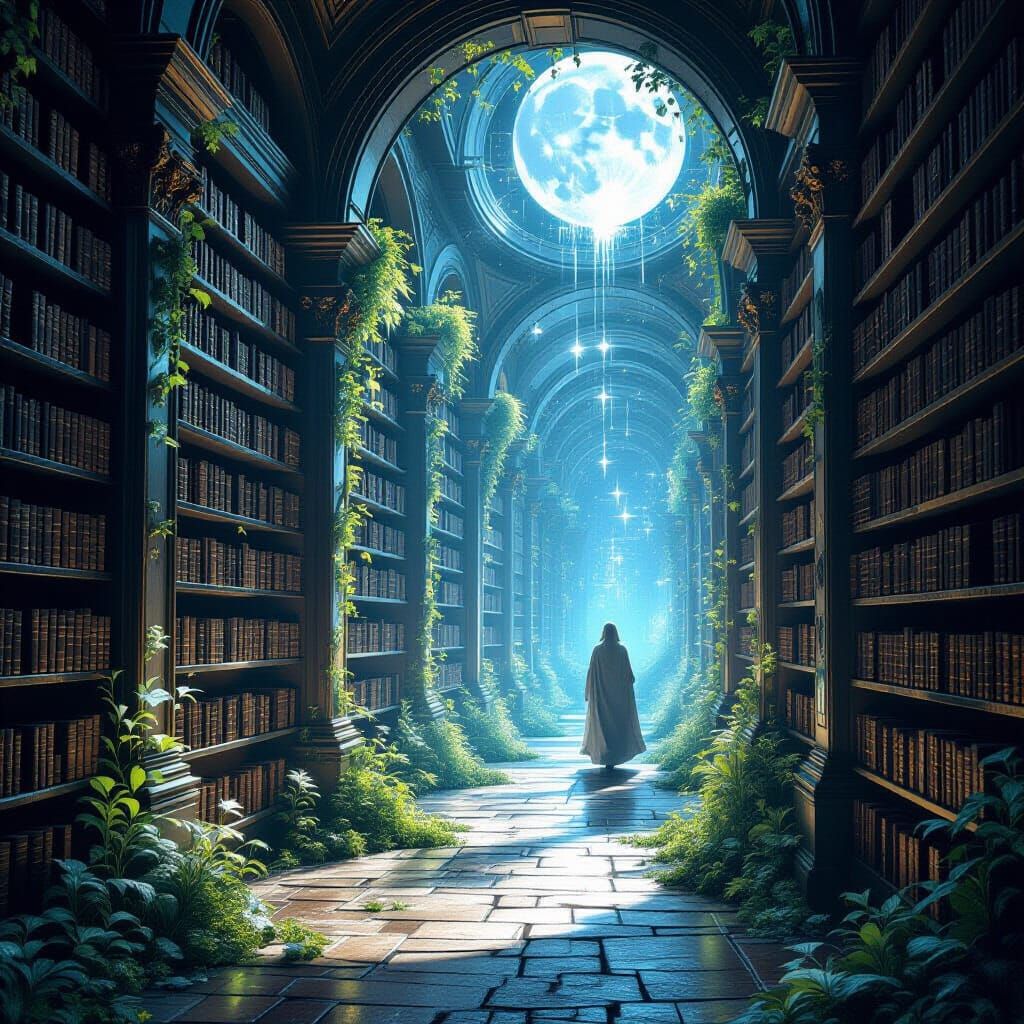 Cosmic Library of Moonlight Books and Starlight Shelves