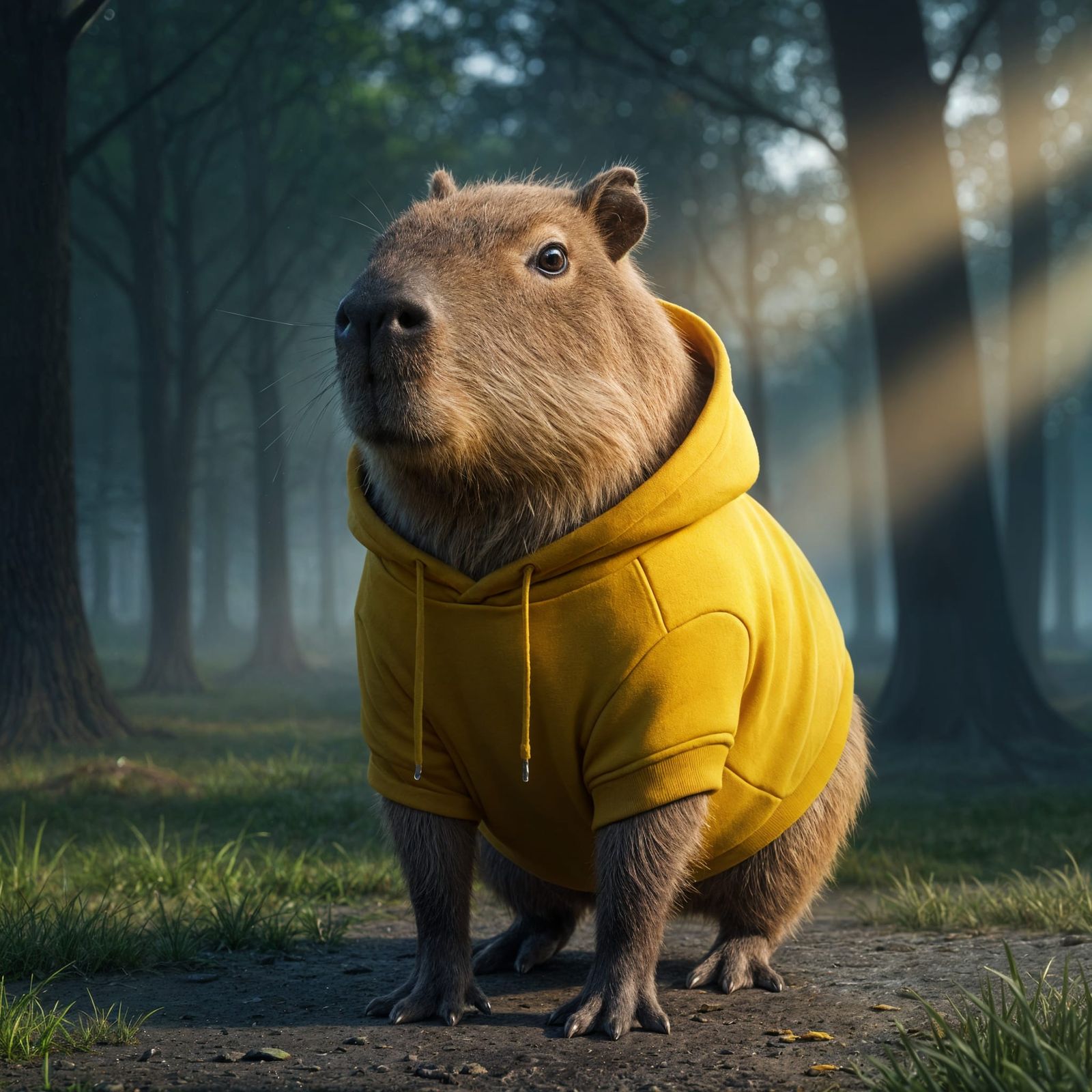 Capybara in Yellow Hoodie in Misty Forest
