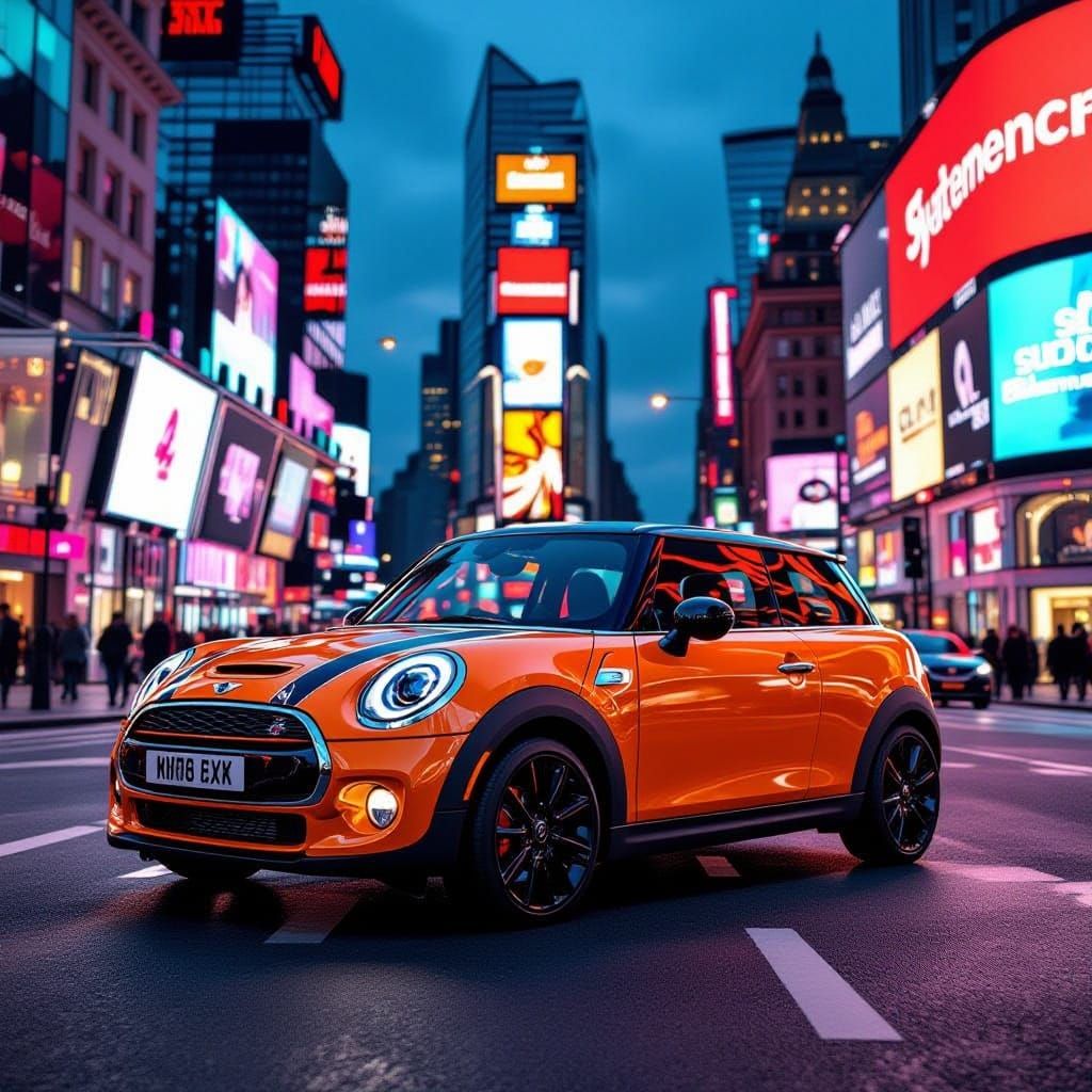 Mini Cooper orange parked in Piccadilly Circus , London