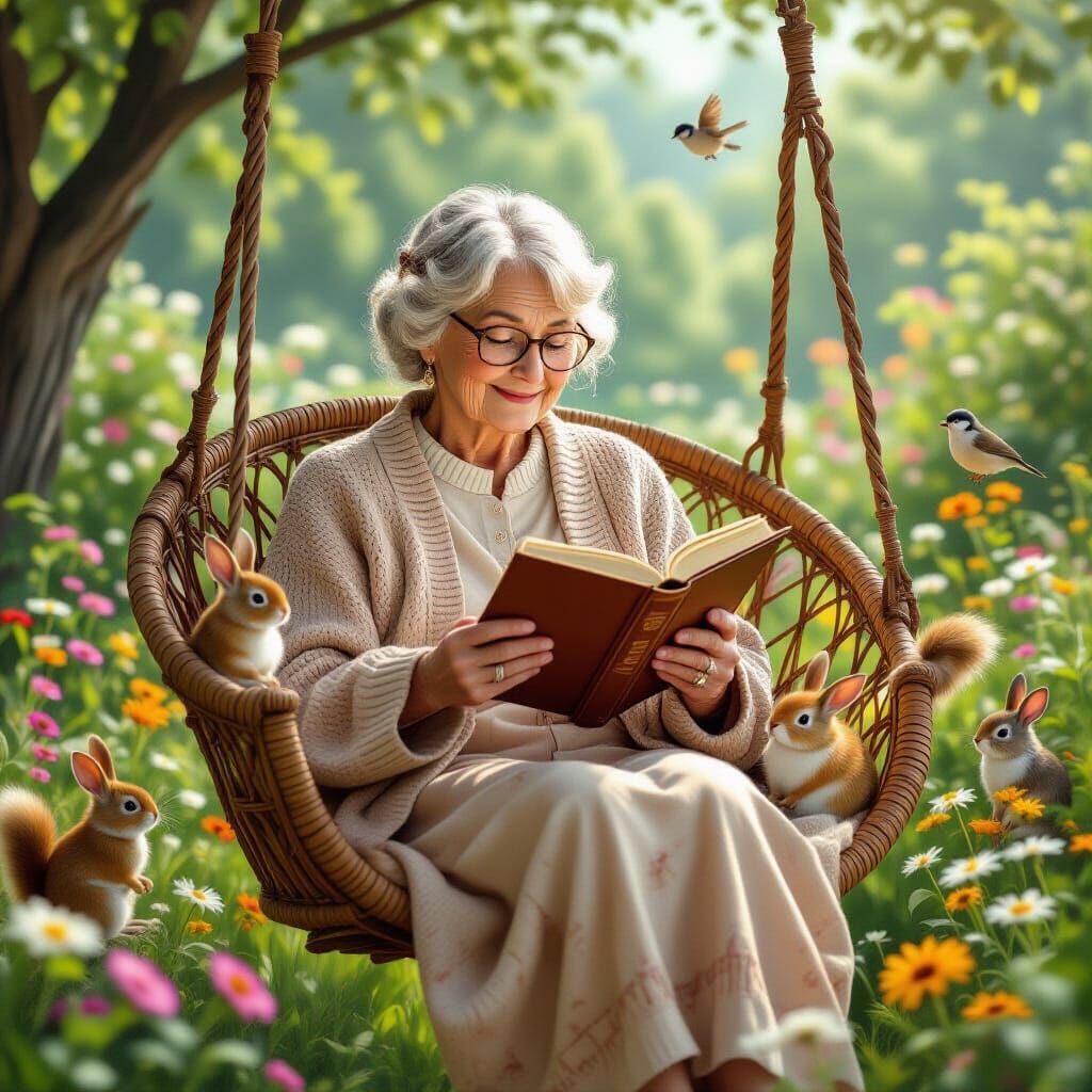 Grandma Reads to Forest Animals in Photorealistic Style