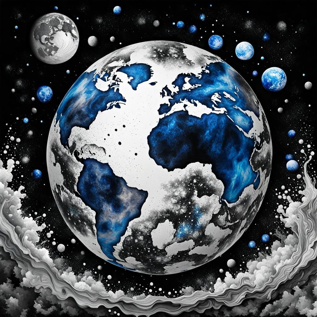 Monochrome Watercolor of Planet Earth in Cosmic Style