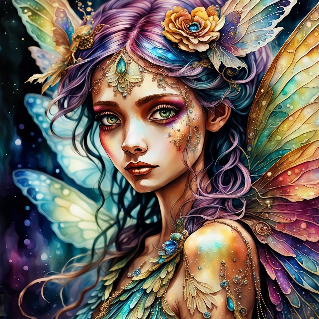 Iridescent Fairy Portrait in Mixed Media Collage