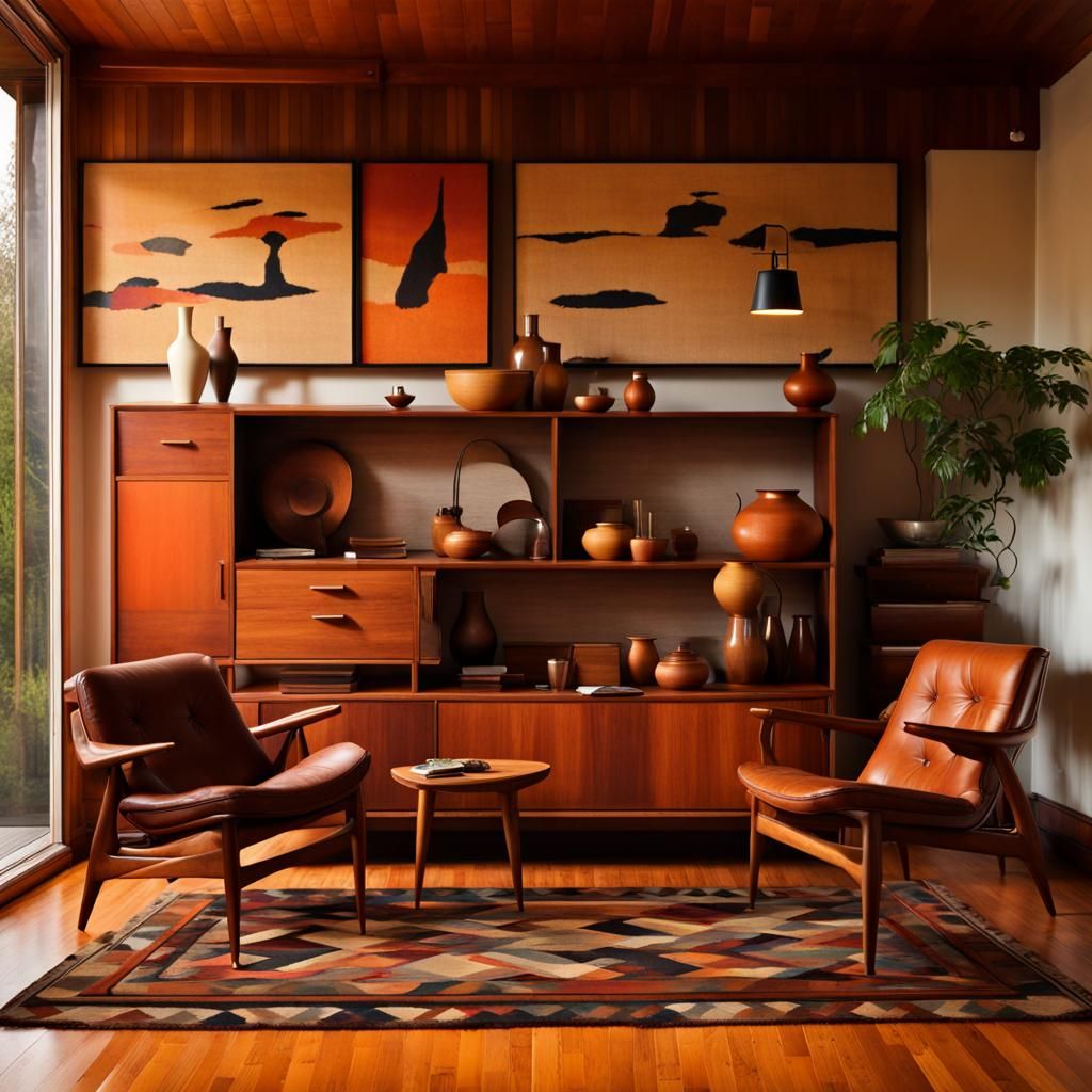 Mid-Century Modern Living Room at Dusk