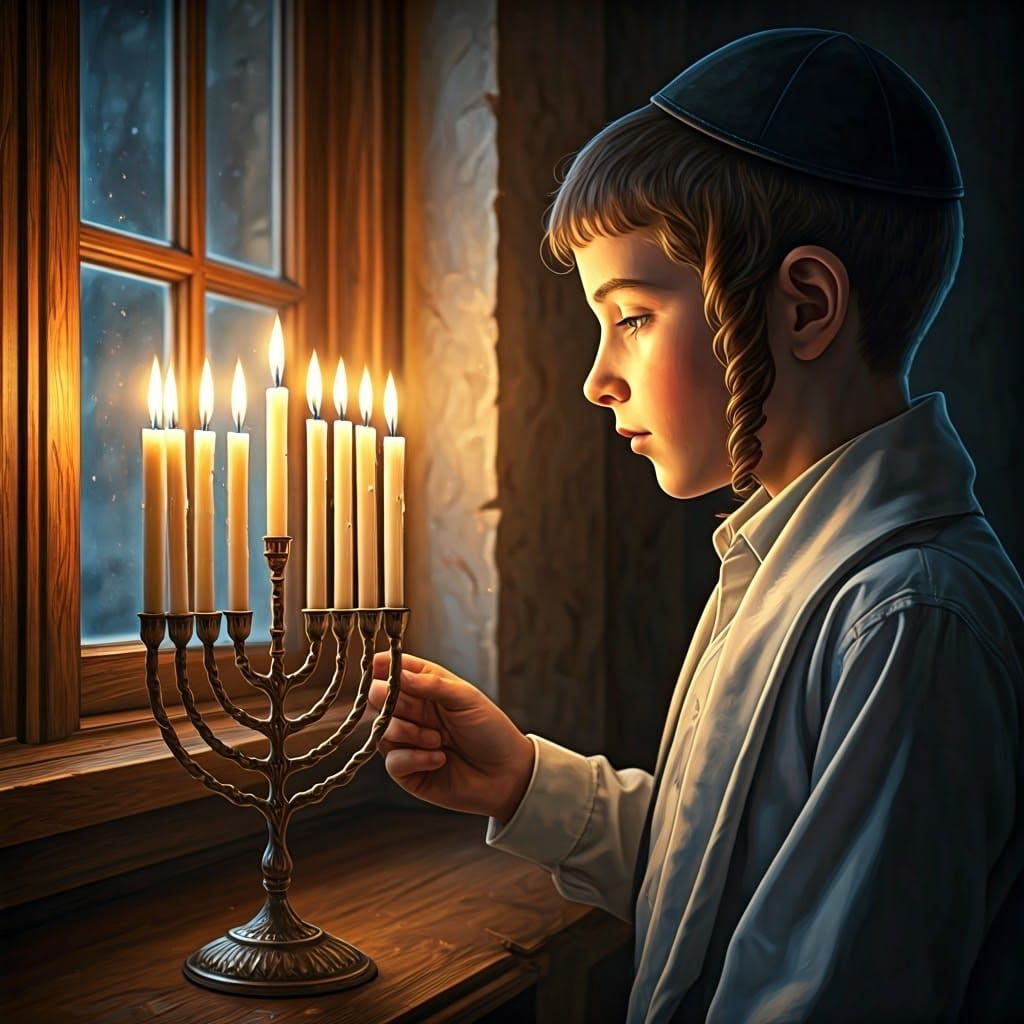 Young Hasidic Boy Illuminates Majestic Menorah by Warmly Lit...