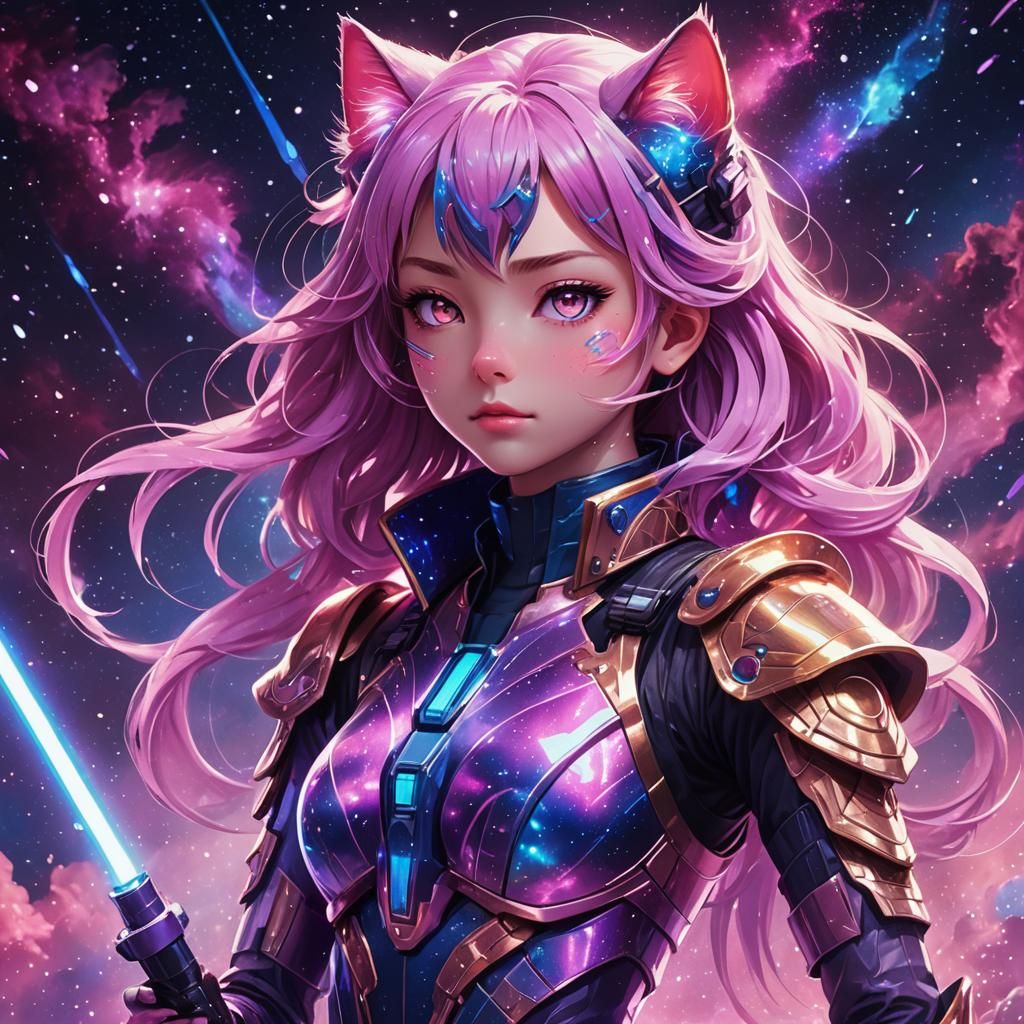 Cosmic Cat Girl with Lightsaber in Anime Style