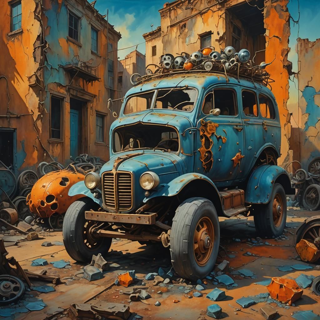 Crumbling Wheeled Creatures: A Surrealist Oil Painting