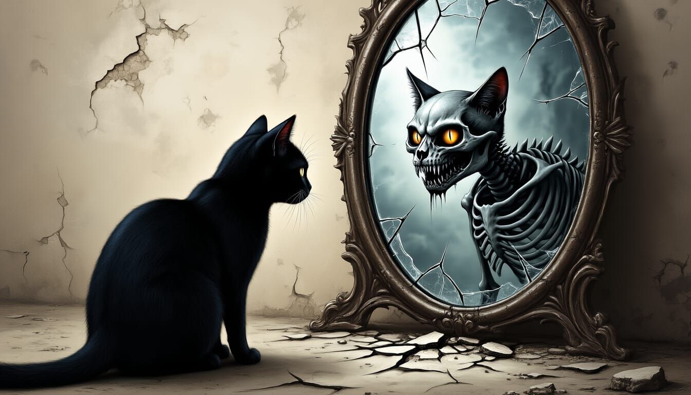 Black Cat's Monstrous Reflection in Cracked Mirror