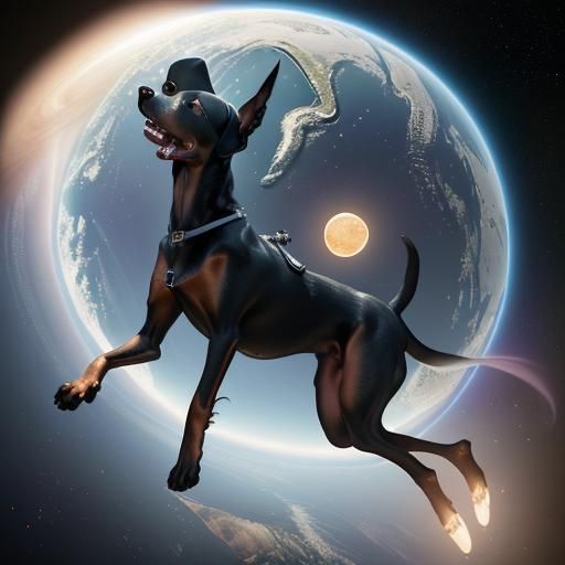 Doberman Dog Astronaut in Space, Dark Fantasy Art