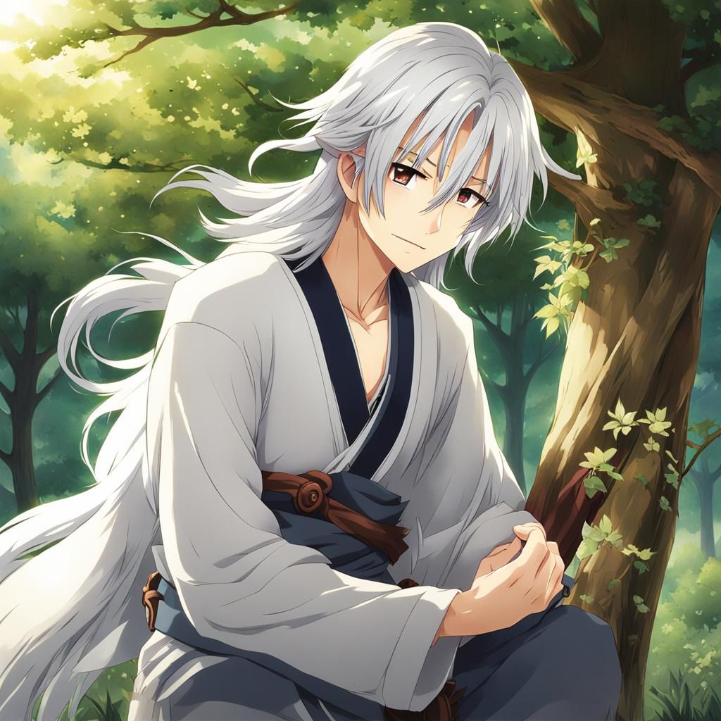 Anime-Style Boy with Silver Hair Radiating Kindness