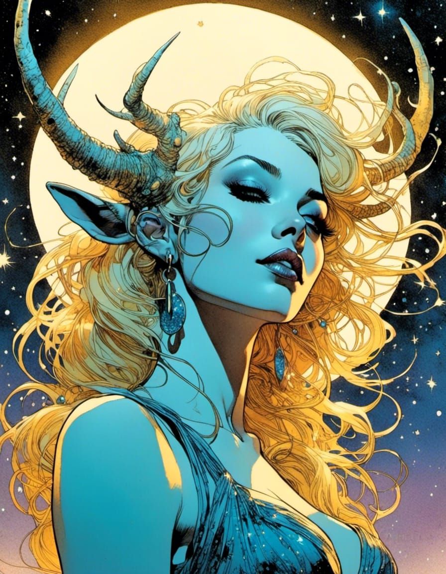 Moonrise Woman with Antlers in Comic Style