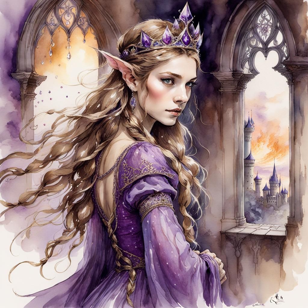 Elven Princess Conjures Fire Magic as Watercolor