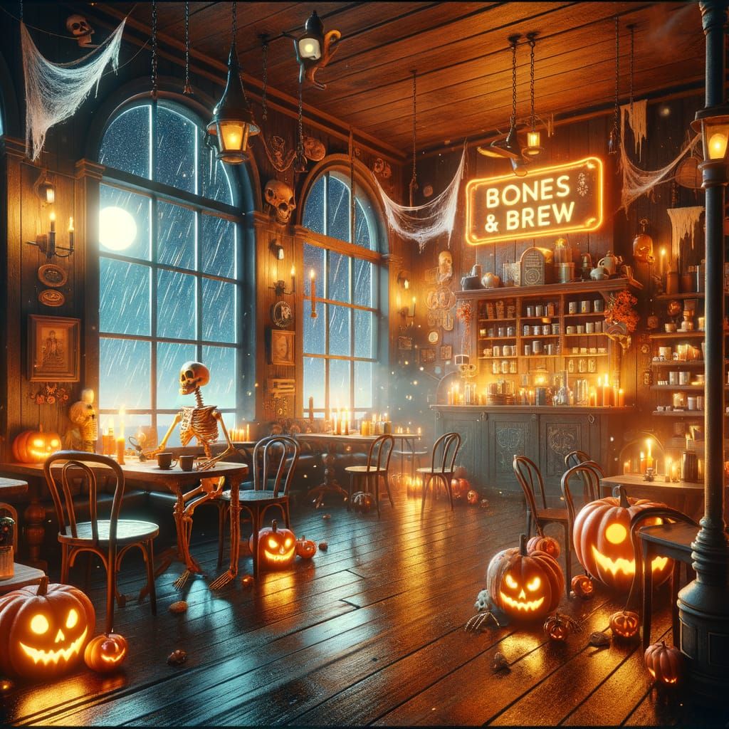 Magical Halloween Coffee Shop Interior With Skeletons