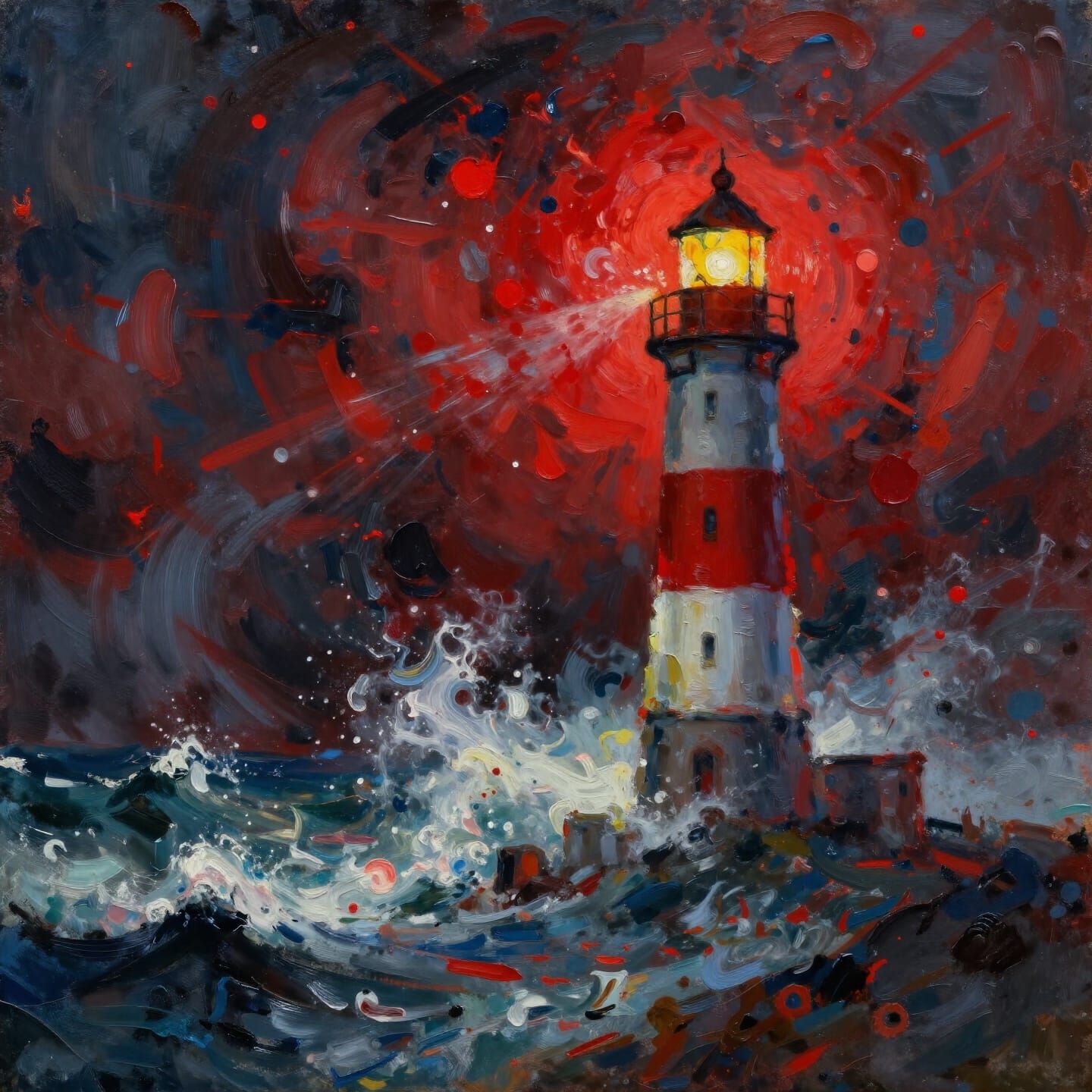Expressionist Lighthouse in Storm, Red Splash