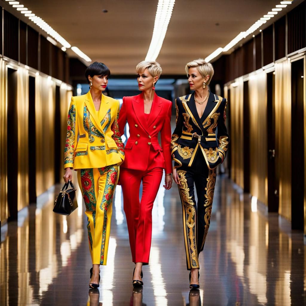 Women in Versace Pantsuits with Short Hair