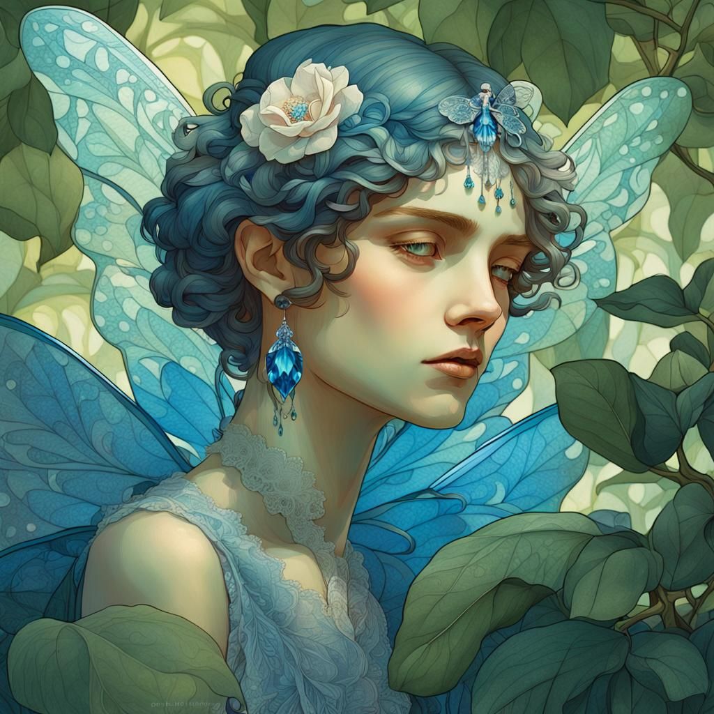 Sad Fairy with Crystal Wings, Art Nouveau Portrait