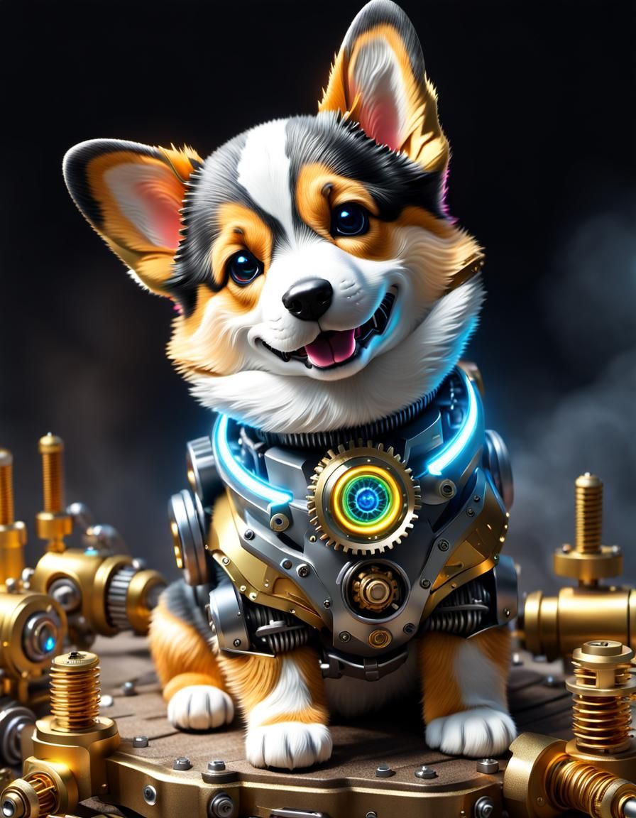 Adorable Cyborg Corgi Puppy with Neon Collar