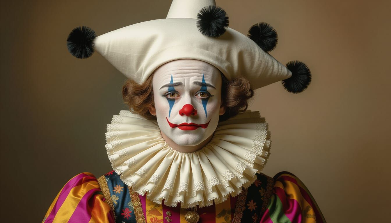 Melancholy Pierrot with a Tear, in Digital Painting Style