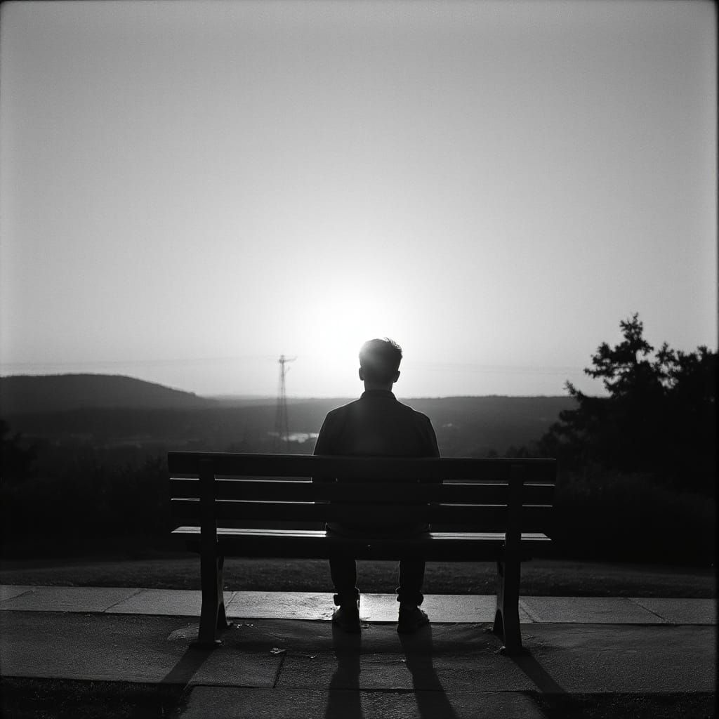 Person Silhouetted on Bench at Sunset: Film Still