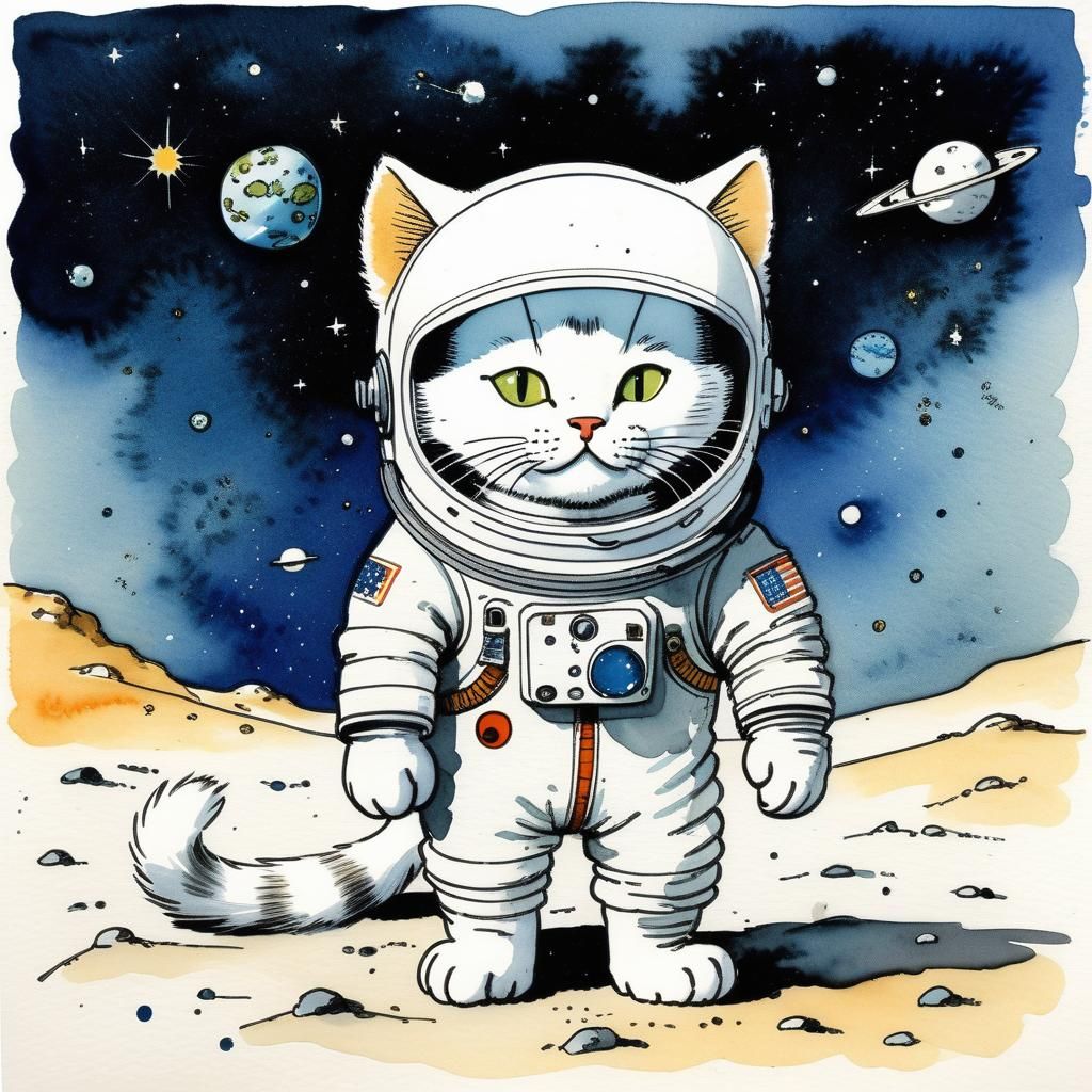 Cat Astronaut: Herge-Style Watercolor Illustration