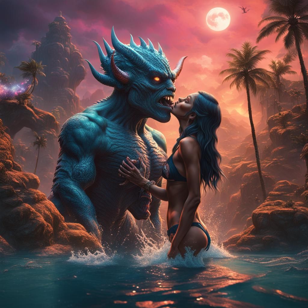 Bikini Women Kissing a Monster: Detailed Matte Painting