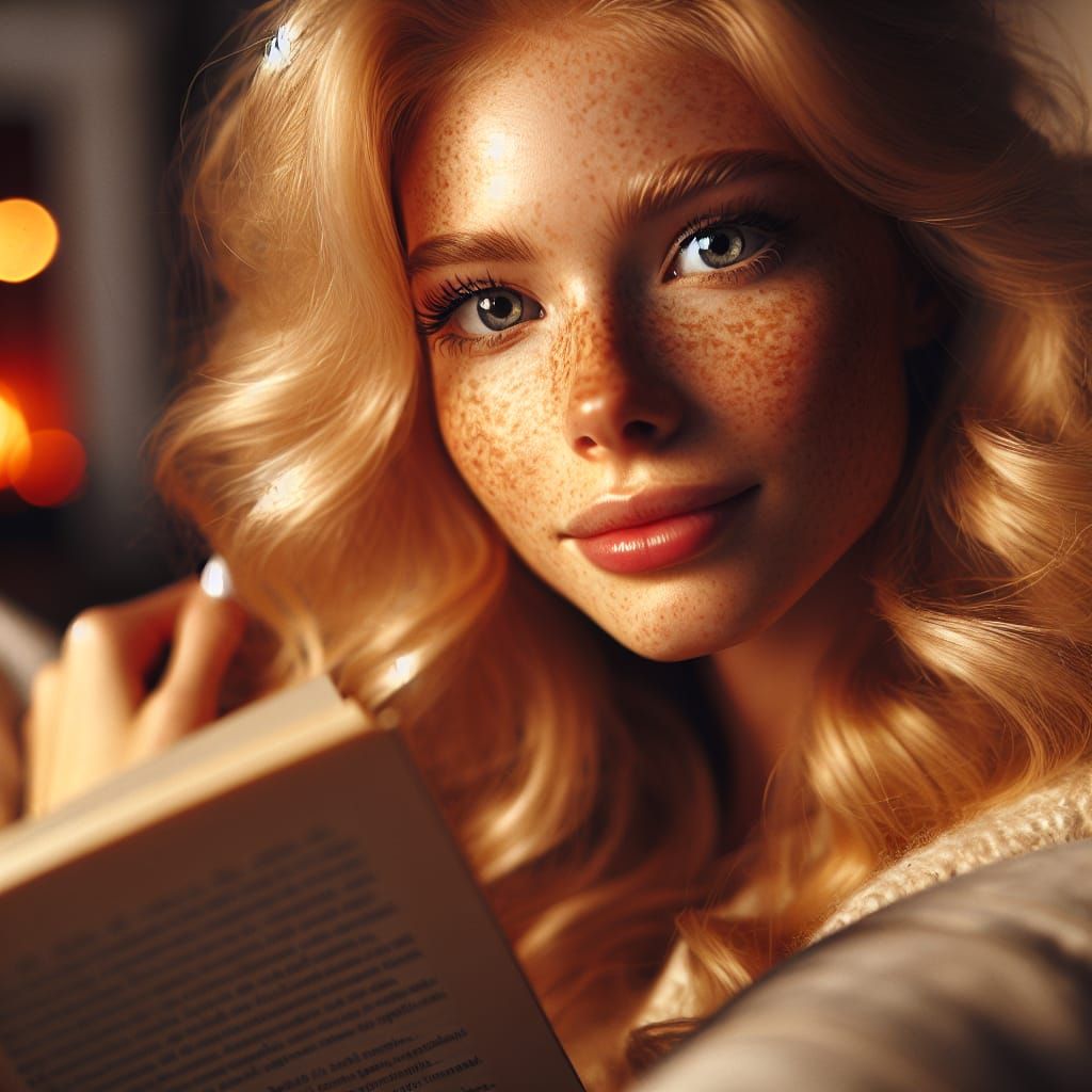 Woman Reading by Fireplace: Hyperrealistic Portrait
