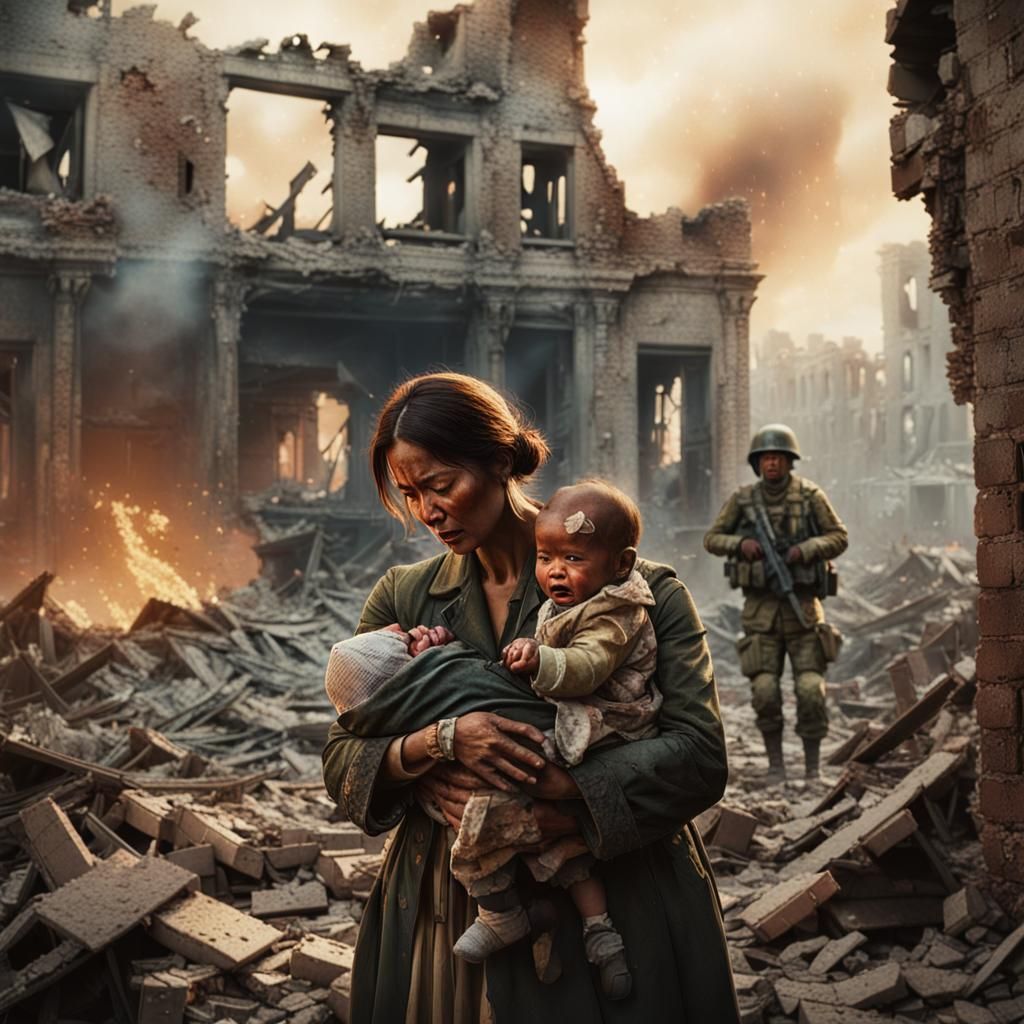 War's Impact: Mother and Child in Ruins