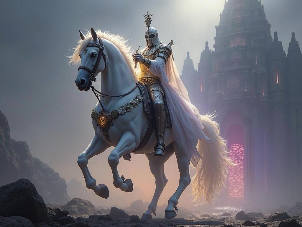 White Horseman Rides Before Pagan Temple: Dark Fantasy Art