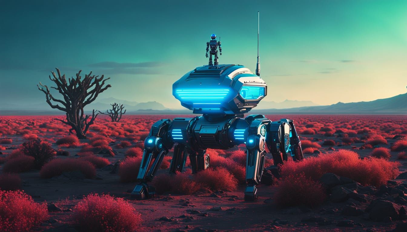 Sci-Fi Robot in Alien Landscape with Neon City