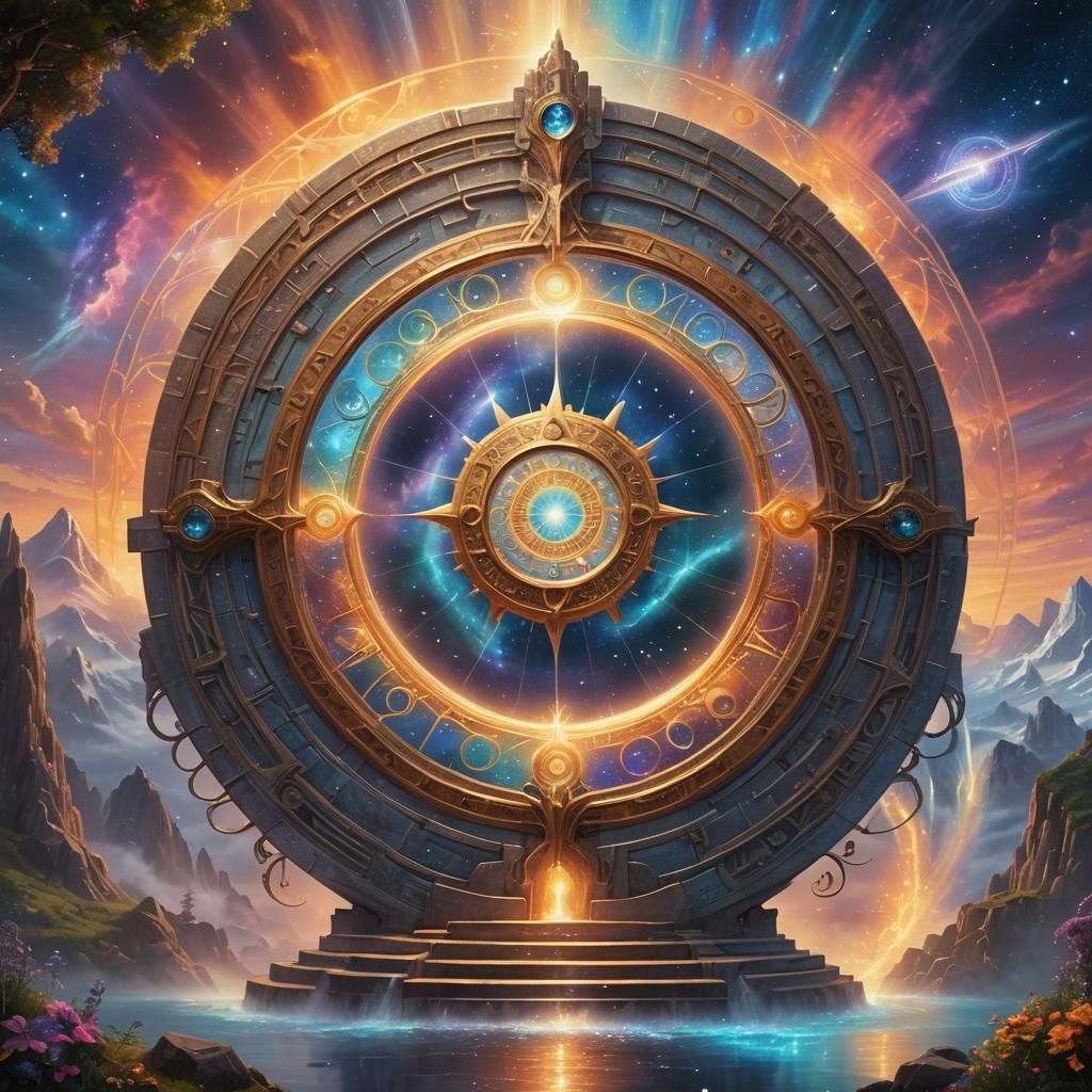 a stargate portal with a sundial to activate it. a vessel entering the portal 8k resolution holographic astral cosmic il...