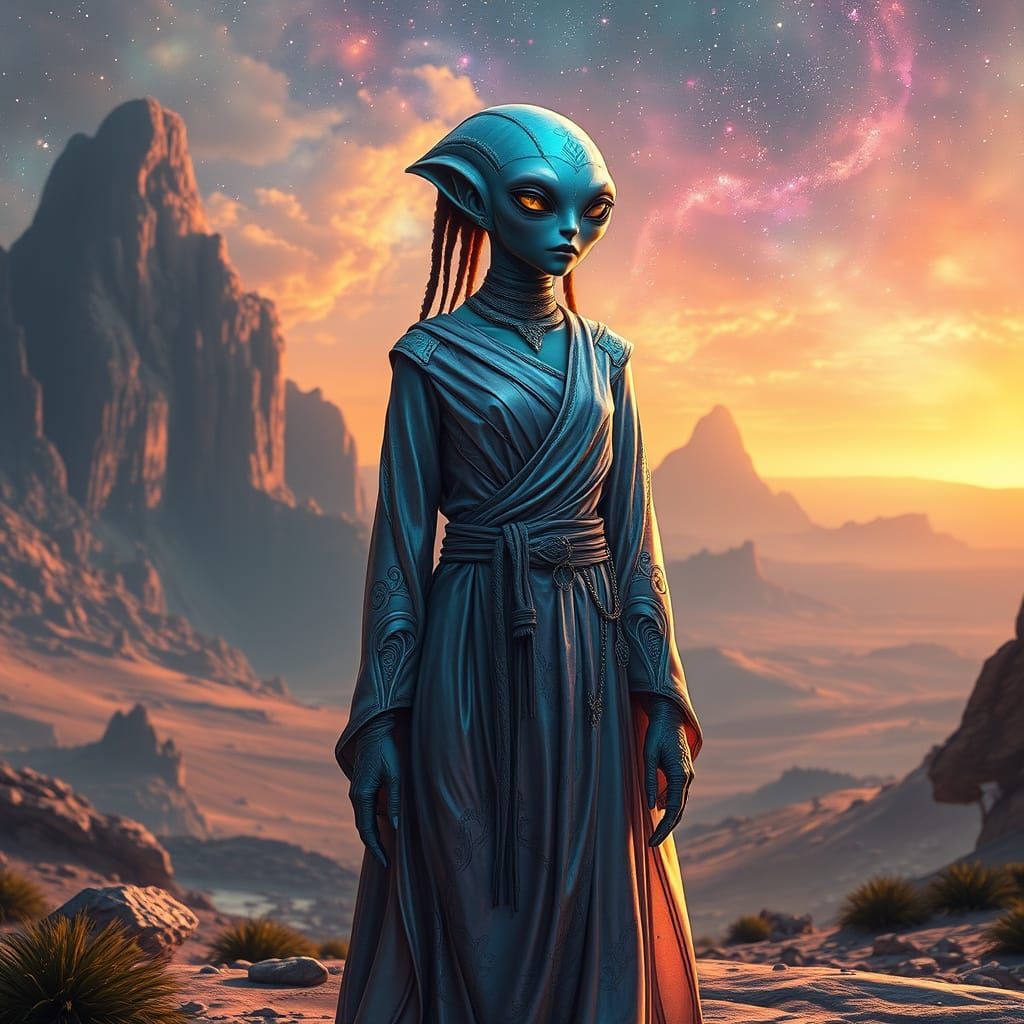 Iridescent Alien Queen in Cosmic Landscape