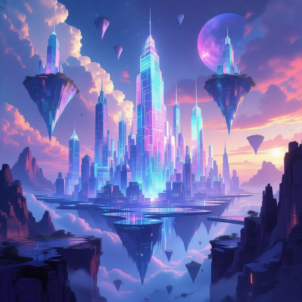 Surreal Neon Cityscape with Floating Islands