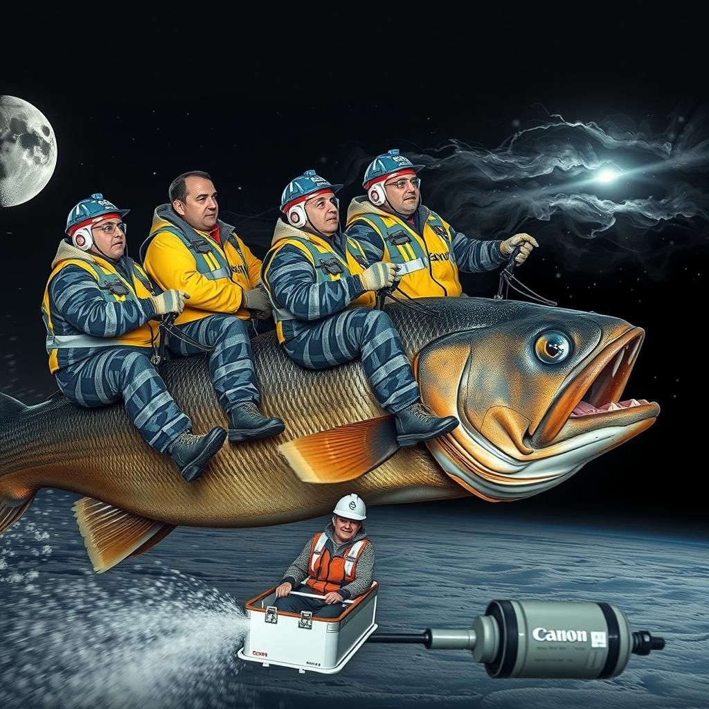 Construction Workers Riding A Fat Fish in Low Orbit II