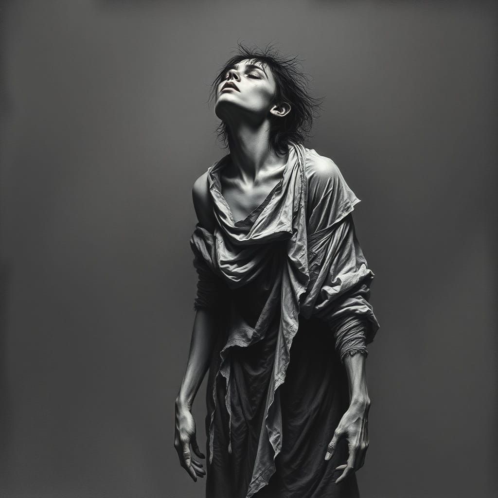 Figure Consumed by Fear: Dark Realism Charcoal Drawing