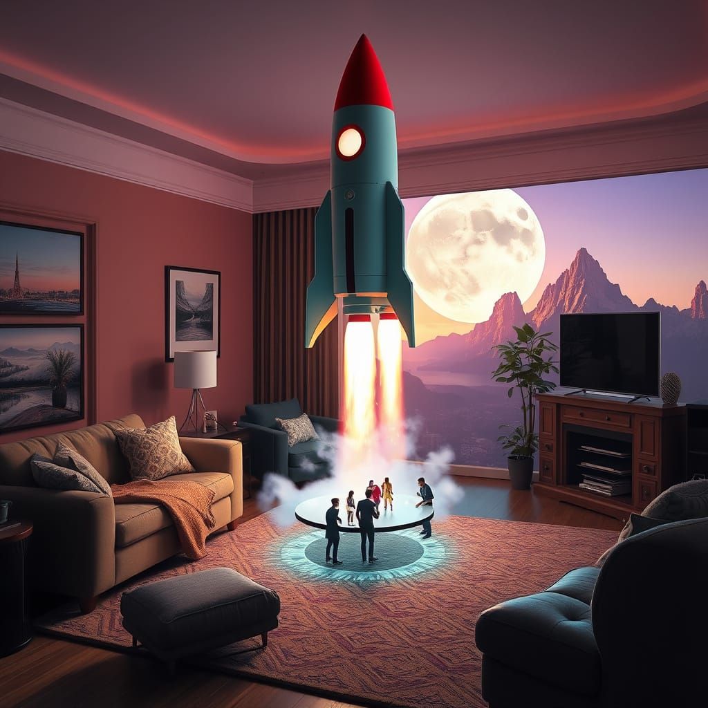 Hyperreal Rocket Hologram Launch in Surreal Living Room